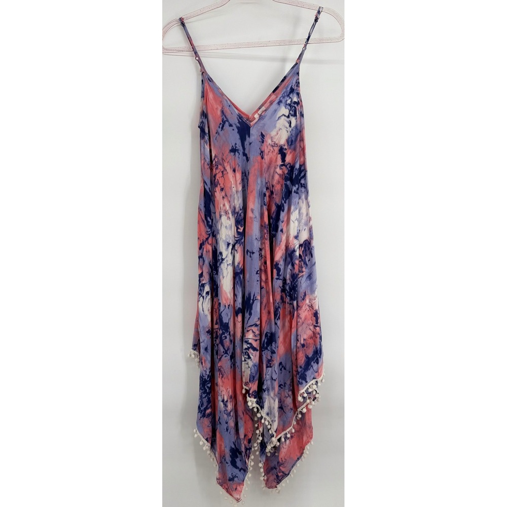 Goa Beachwear By Japna Womens Tie Dye Handkerchief Hem Pom Pom Dress Pink Blue M